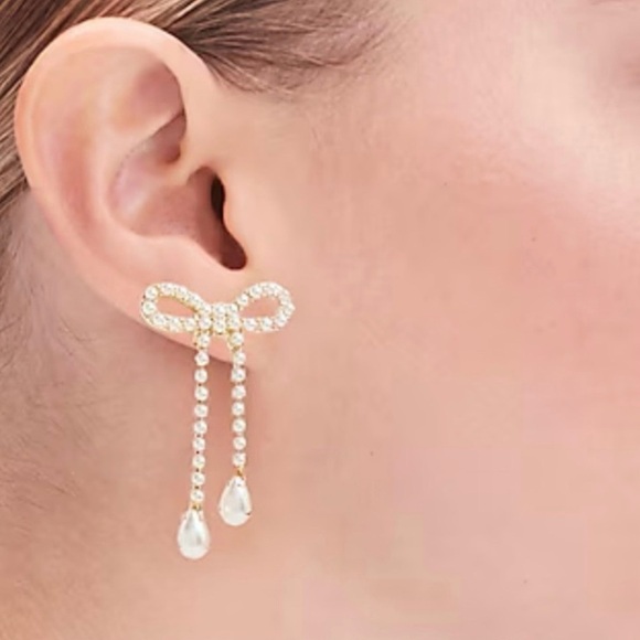 J. Crew Jewelry - J. Crew Gold Bow Drop Earrings with Crystal Strands and Pear Drops